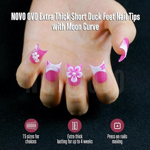 NOVO OVO Halloween Extra Thick Short Duck Feet Nail Tips with Moon Curve Full Cover Press on Acrylic, Clear Pre-Etched Matte Flare Wide French Soft Gel Fake False Nail Extension x 15 Sizes 240 pcs thumbnail 2