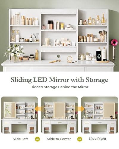 Memobarco 43.5-inch Large White Makeup Vanity Desk with Sliding Mirror | Smart LED Mirror, 3 Lighting Modes, Adjustable Brightness, 9 Shelves, 4 Drawers, 2 Cabinets, Power Outlets, Hairdryer-Rack thumbnail 6