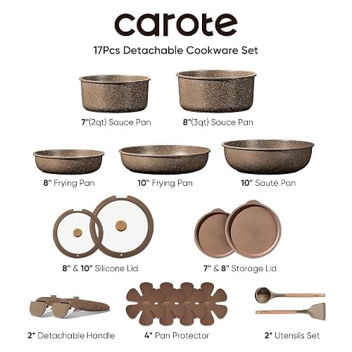 CAROTE 17PCS Pots and Pans Set Non Stick with Detachable Handle, Nonstick Cookware Sets, Cooking Kitchen Set, Oven/Dishwasher Safe, Induction Cookware, Brown, RV Kitchen Pot and Pan thumbnail 2