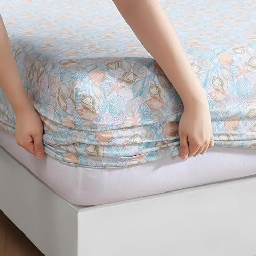Coastal Print 3 Piece Twin Microfiber Sheet Set, Coco Pastel | Coastal/tropical theme polyester microfiber set with 12" deep pocket fitted elastic sheet thumbnail 5