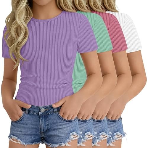 Oakgarden 4 Pack Girls T Shirts 5-14 Years Short Sleeve Ribbed Tops Crew Neck Slim Fit Summer Casual Cute Basic Tees for Kids - Image 1