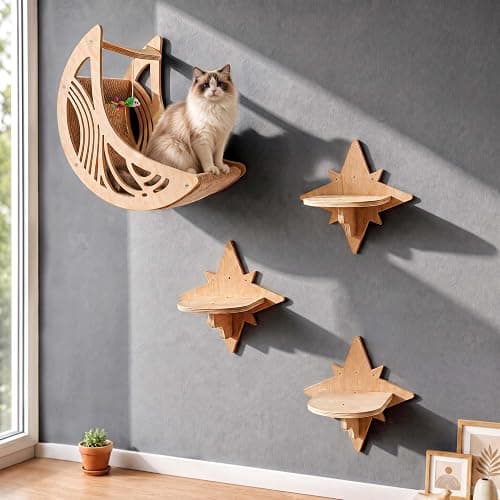 Moon & Star Cat Wall Shelves, Modern Wooden Cat Furniture with Decorative Cutouts, Space-Saving Cat Climbing System & Floating Perch for Indoor Cats - Image 1