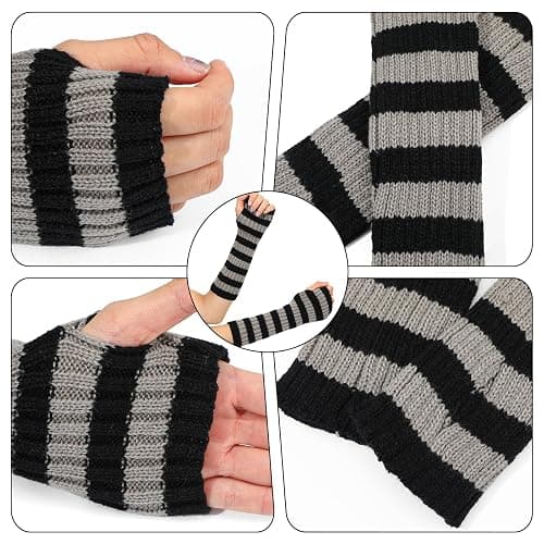 LIQWEI Arm Warmers, Y2k Striped Arm Warmers, Long Fingerless Knitted Gloves Alt Clothes Accessories, Cool Winter Arms Sleeves Scene Clothes thumbnail 5