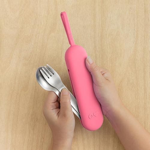 Omie OmieBox Travel Utensil Set | Fork and Spoon with Case for Easy Travel | Stainless Steel Fork and Spoon | Pink thumbnail 2