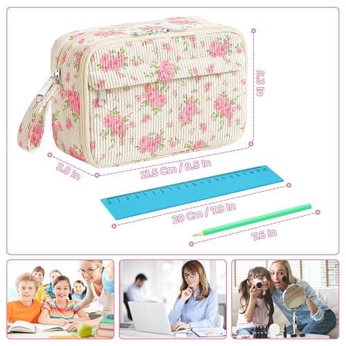 WOBAGMEN Cute Pencil Case,Large Corduroy Zippered Pencil Case Pouch, aesthetic Pencil Bag with Compartments, Pencil Pouch School Supplies (Big Pink Floral) thumbnail 3