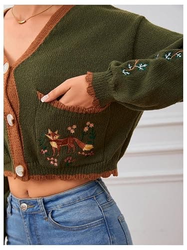 BEAUDRM Women's Floral Cropped Cardigan Cottagecore Boho Cardigans Embroidered Open Front Western Sweaters Fall Outwear thumbnail 6