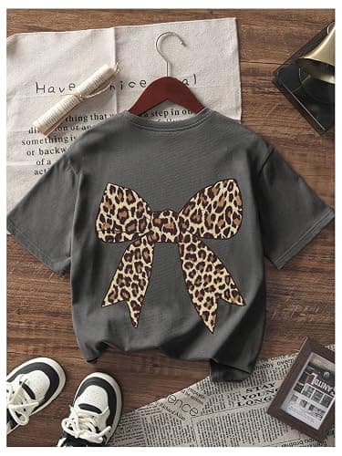 RoseSeek Girl's Bow Leopard Graphic Tees Short Sleeve Preppy Summer T Shirt Aesthetic Baggy Tops thumbnail 5