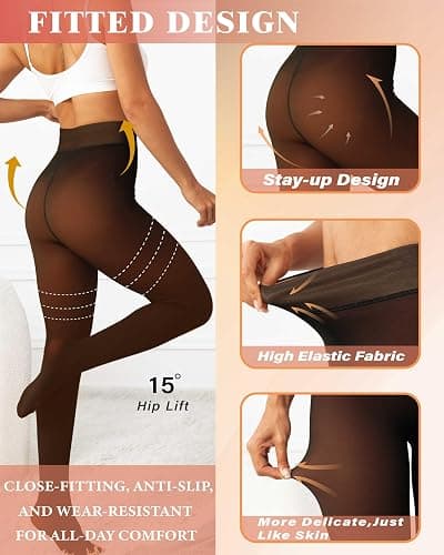 Unesmaro Women's Thermal Fleece Lined Tights, Translucent Skin Tone Pantyhose Style Leggings for Winter Warmth thumbnail 4