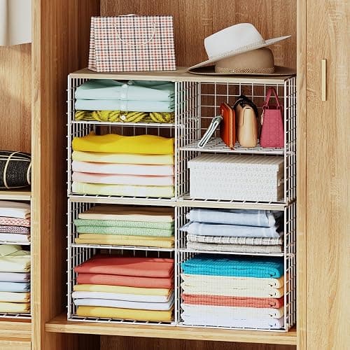 2 Pack Closet Shelf Organizer, Closet Organizers and Storage Shelves With Adjustable Dividers, Stackable Storage Bins Baskets For Clothes Sweaters Jeans Jackets, With Wooden Board, 8 Compartments thumbnail 2