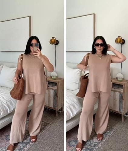 Lviefent Womens 2 Piece Outfits Sweater Set Sleeveless Side Slit Pullover Top Knit Wide Leg Pants Lounge Matching Sets thumbnail 3
