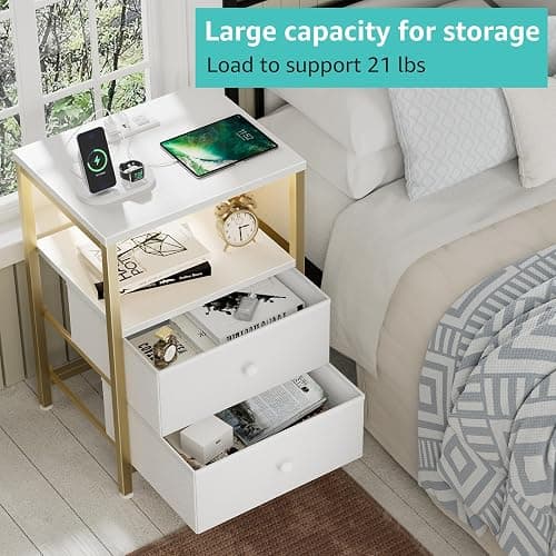 BOLUO Gold Nightstand with Charging Station, LED Night Stand with 2 Fabric Drawers, Bedside Table with USB Ports and Outlets, Nightstand for Bedroom Modern thumbnail 5