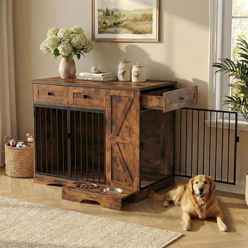 Large Dog Crate Furniture with Storage, Indoor Dog Kennel with 3 Drawers & 2 Feeding Bowls, Furniture Style Wooden Dog Crates for Large/Medium Dogs - Image 1