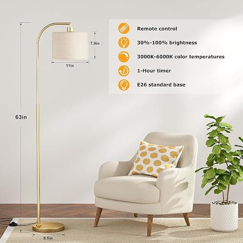 Ambimall Arc Floor Lamp with Remote and Stepless Dimmable Bulb, Colors Temperature & Brightness Adjustable, Gold Floor Lamps for Living Room（Deep Beige Shade & Gold Pole） thumbnail 2