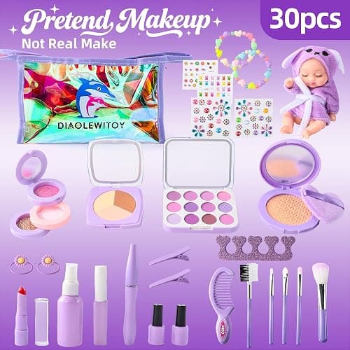 DIAOLEWITOY Pretend Makeup Kit for Girls - 30-Piece Play Cosmetic Set, Birthday Gift for Kids Ages 3-6 Years Old (Purple) thumbnail 9