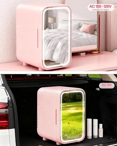 Enventor Mini Fridge with Dimmable LED Mirror, 6L/ 8 Can, AC/DC Power, Pink | Stores Skincare, Makeup and 8 × 330 ML Cans, Cools up to 68°F Below Ambient, Warms to 131°F, ≤25 dB, for Dorms, Cars thumbnail 7