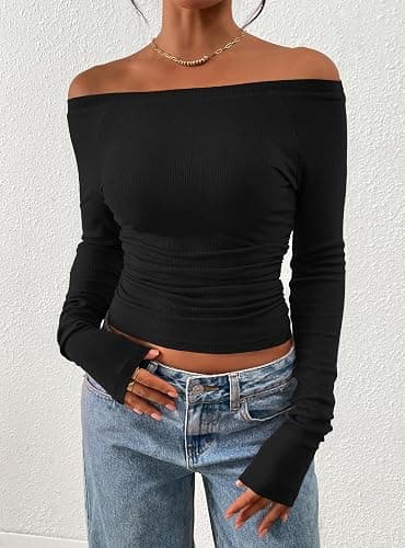 PRETTYGARDEN Long Sleeve Shirts for Women 2025 Fall Ruched Sides Boat Neck Basic Tee Casual Fitted Ribbed Knit Crop Tops thumbnail 8