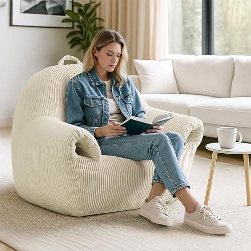 Peace nest Bean Bag Chair with Memory Foam Filled Ultra Soft Corduroy Cover for Adults Comfy Fur Bean Bag Chairs with Armrests for Bedroom Living Room Office Dorm Reading Beige thumbnail 6