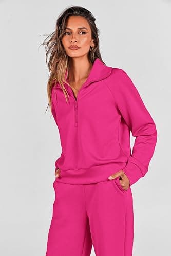 PRETTYGARDEN Women's 2 Piece Outfits Casual Lapel Half Zip Sweatshirts and Wide Leg Pants Tracksuit Sets thumbnail 3