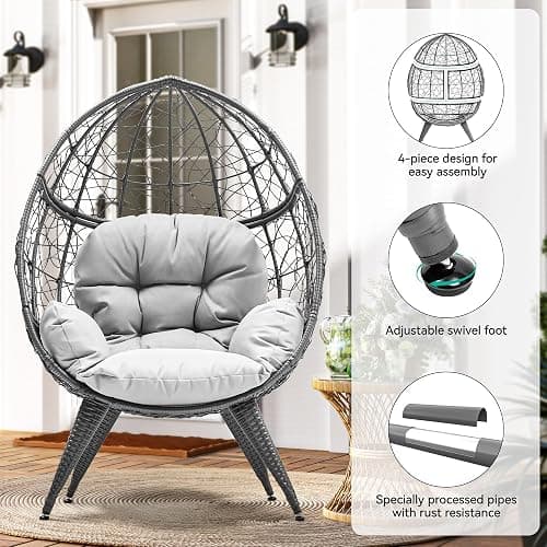 YITAHOME Oversized Wicker Egg Chair for Indoor and Outdoor Use with Stand, Cushion, and Leveling Feet, Large Lounger for Patio, Garden, Backyard, Balcony, Supports up to 330lbs, Grey - Grey - Single seat thumbnail 4