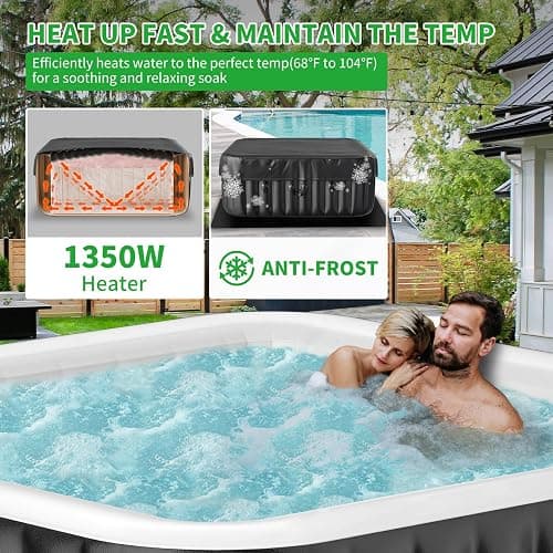 Inflatable Blow Up Hot Tub, 4-6 Person Square Portable Hot Tub, Leak-Proof PVC Outdoor Spa with 130 Strong Air Jets thumbnail 2