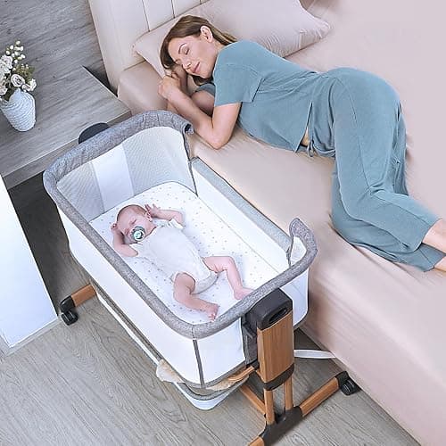Ezebaby 3-in-1 Baby Bassinet, Rocking Baby Bassinets Bedside Sleeper, Adjustable Portable Crib for Newborn Infant with Wheels Storage Basket and Mesh Sides thumbnail 7