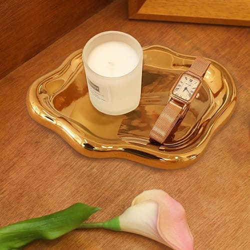CCINPPY Ceramic Jewelry Tray Trinket Dish, Decorative Cloud Vanity Key Tray for Women, Ring Holder Dish, Cute Jewelry Plate Bowl Room Decor Aesthetic, Gold, Medium - Image 1