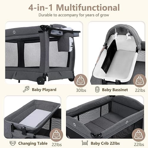 Kinder King 4 in 1 Foldable Pack and Play with Bassinet & Changing Table, Portable Playard for Babies and Toddlers, Adjustable Canopy, Storage Bag, Light Gray thumbnail 7