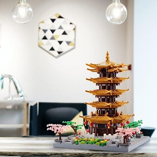 Chinese Architecture Building Block, Yellow Crane Tower Micro Building Kit | with Cherry Blossom Tree for Adults, Collectible Miniature Model, Historic Temple Landmark DIY Creative Gift (2200PCS) thumbnail 7