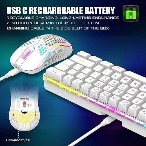 RedThunder 60% Wireless Gaming Keyboard and Mouse Combo, 2500mAh Rechargeable Battery, Ultra-Compact Small RGB Mechanical Feel Keyboard, Lightweight Honeycomb Optical Mouse for Gaming/Business, White thumbnail 3