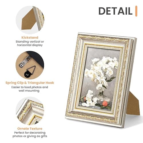 upsimples 5x7 Picture Frame with Real Glass, Ornate Vintage 5 x 7 Photo Frames for Wall Decor or Tabletop Display, White and Gold, 2 Pack thumbnail 5