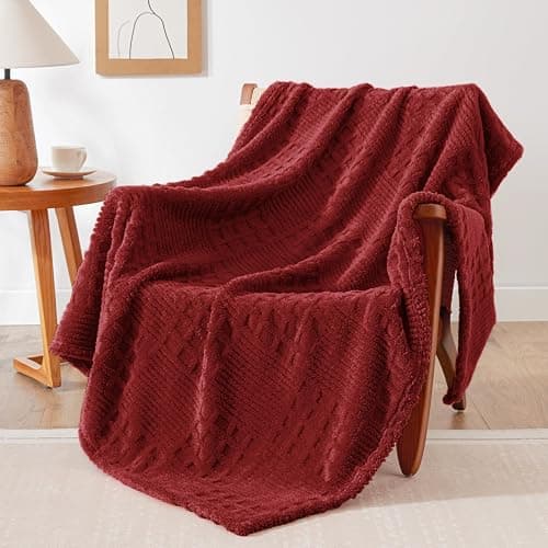 EXQ Home Fleece Throw Blanket for Couch or Bed - 3D Waffle Patchwork Pattern Jacquard Decorative Blankets - Cozy Soft Lightweight Fuzzy Flannel Blanket Suitable for All Seasons(50"×60",Red) - Image 1