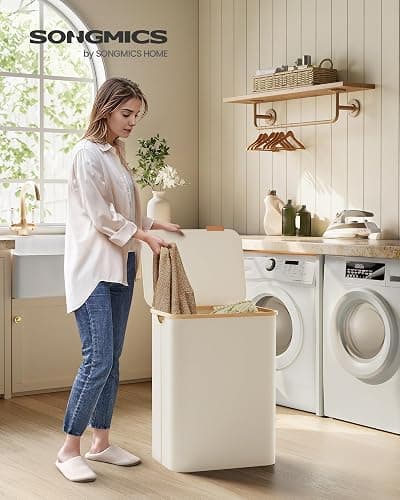 SONGMICS Laundry Hamper with Lid, 2-Section Large Laundry Basket, 34.3-gallon (130L), Removable Mesh Liner, Bamboo Handles, Collapsible, 20.5 x 15.2 x 27.8 Inches, Cream White ULCB513W01 thumbnail 2