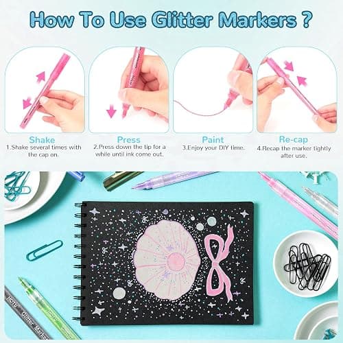HOTU Glitter Markers Pen, 12 Glitter Colors Paint Pens Sparkly Metallic Shimmer Acrylic Marker Fine Point Tip 0.7mm Water-based Ink for Adults DIY Crafts Greeting Birthday Cards thumbnail 6
