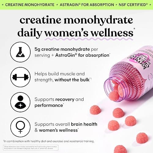 Lemme Creatine Monohydrate Gummies for Women and Men, 5g Dose to Support Lean Muscle, Strength, Recovery, Cognitive Health, w/Ginseng for Absorption, Sour Strawberry, NSF Certified, 60 Gummies thumbnail 2