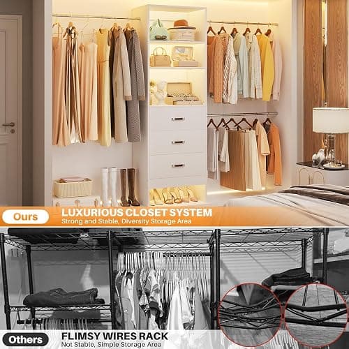 Homieasy 96 Inches Closet Organizer System, 8FT Customizable Walk In Closet Organizer with Hanging Rods, 3 Drawers Garment Rack with Leather Handle , 96" L x 16" W x 75" H, Max Load 1000 LBS, White thumbnail 7
