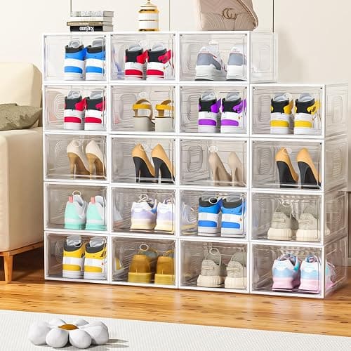 8 Pack Thicken & Clear Shoe Boxes Organizer with Magnetic Door, Stackable Storage Boxes for Shoes, Boot, Sneaker - Harder Plastic Shoe Storage Stackable Shoe Boxes for Closet Shoes Wall, White - White - 8 Pack thumbnail 2