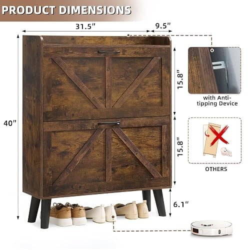 LEYAOYAO Shoe Storage Cabinet with 2 Flip Drawers，Narrow Shoe Storage Cabinet Organizer with Legs for Entryway Hallway, Living Room, Bedroom，Hidden Slim Storage Narrow Shoe Rack Cabinet,Brown thumbnail 2