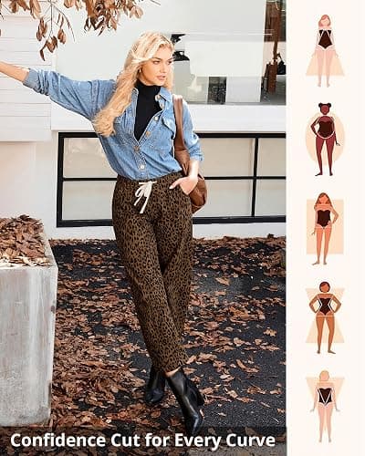 GRAPENT Barrel Jeans for Women Trendy High Waisted Pull On Wide Leg Cropped Leopard Cheetah Print Stretchy Denim Pants thumbnail 6