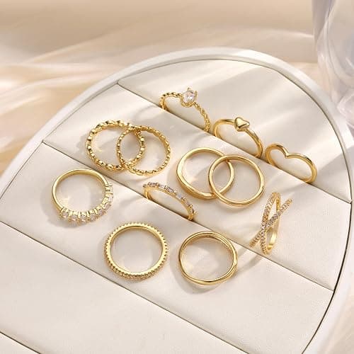 12 PCS Dainty 14K Gold Rings for Women, Eternity Open Chunky Twist Simulated Diamond Criss Cross Designs, Non Tarnish Gold Plated Stacking Thumb Ring, Perfect for Wedding Bands Size 5-11 thumbnail 5