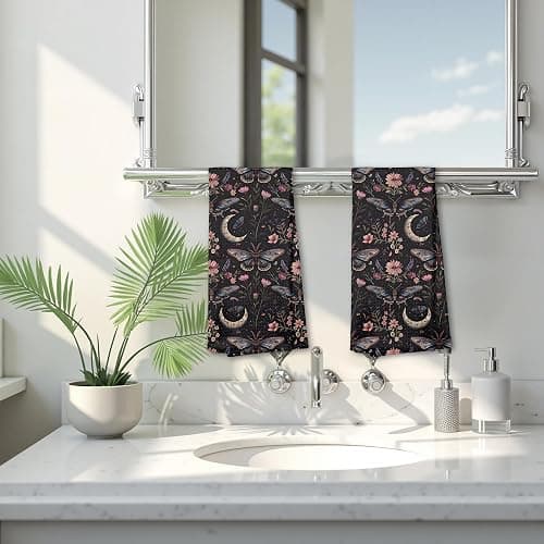 Gothic Moth Butterfly Kitchen Bathroom Towels Set of 2, Dark Academia Witchy Moon Celestial Towel, Gothic Witchy Home Room Decor Aesthetic, Dark Cottagecore Decor，16x24 thumbnail 6