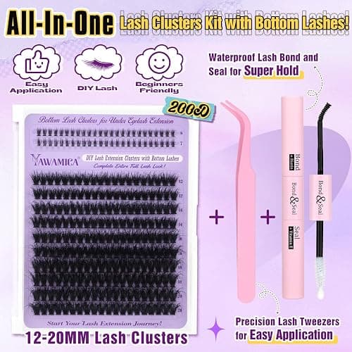 Yawmaica Lash Clusters Kit with Bottom Lashes Wispy Eyelash Extension Kit 200D Volume Eyelash Clusters 12-20mm D Curly Individual Lashes DIY Lash Extension Kit with Lash Bond and Seal Lash Tweezers thumbnail 6