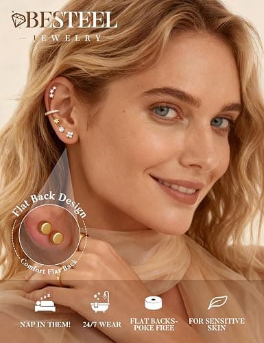 Besteel Hypoallergenic Flat Back Earrings for Women - 14K Gold Plated Cartilage Earring Stacks 20G Surgical Stainless Steel Flatback Stud Hoop Earring Set Conch Tragus Helix Piercing Jewelry thumbnail 2