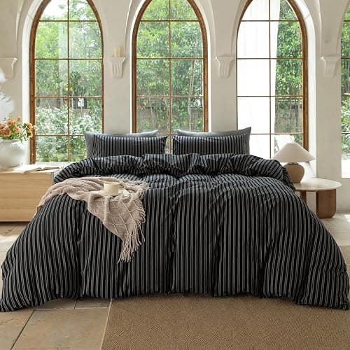 BESTDESIL Striped Duvet Cover Set 100% Washed Cotton Linen Like Soft Feelling Breathable Bedding(Strip-Black/White,King) thumbnail 2