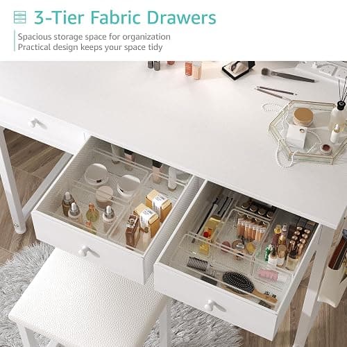 Lufeiya White Makeup Vanity Desk with Mirror and Lights, 40 inch Make Up Vanity Desks with Fabric Drawers & Power Outlet, Dressing Table and Chair Set for Girls Bedroom, White thumbnail 4