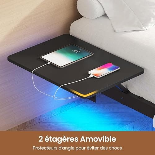 AOGLLATI Lit 2 Personnes avec 2 Étagères de Chevet,Cadre de Lit avec 140 x 190 avec Sommier Métal,Multiprise et Éclairage LED, 24 CM de Rangement pour Chambre, Noir thumbnail 4