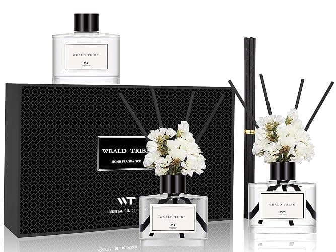 WEALD TRIBE Real Flower Reed Diffuser Set of 3 for Bathroom Air Fresheners, Oil Defusers | Fresh Linen/Ocean/Eucalyptus & Mint Scent(1.7 fl oz Each Pack) Home Fragrance with 12 Stick | Shelf Decor thumbnail 2