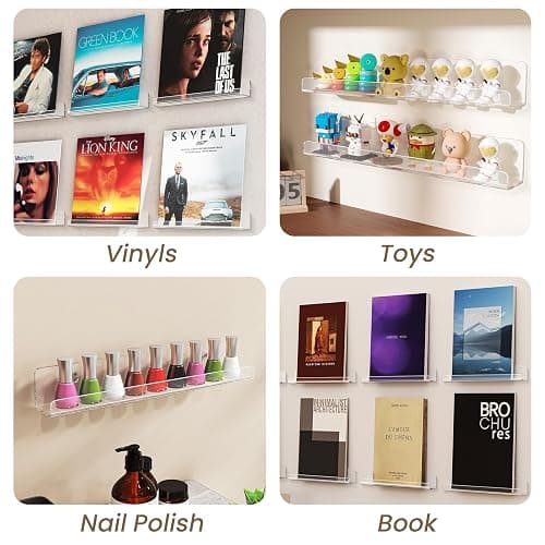 Gotega 8 Pack Vinyl Record Shelf Wall Mount, 12 inch Album Record Holder Display, Clear Acrylic Floating Shelves for Wall, Suitable for Bedroom, Living Room, Magazine Shelf, Kids Bookshelf, etc thumbnail 5