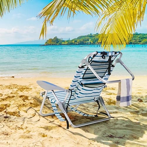 Canpsky 2 Pack Lightweight Portable Camping Beach Chair for Adults, Outdoor Lay Flat Folding Beach Chairs with 5 Positions, Backpack Beach Chair with Towel Bar, Zipper Pouch, Cup Holder, White Striped thumbnail 2