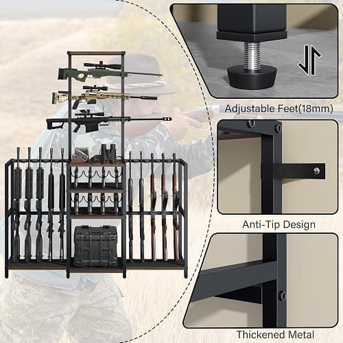 Saudism 68" Tall Gun Rack, Indoor Gun Racks for Floor Standing Gun Display Stand, Rustic Wooden Gun Stand with Soft Padding and Pistol Holder, Holds up 13 Long Guns and 8 Handguns thumbnail 8