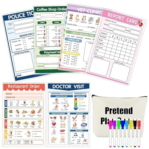 Eaasty 15 Pcs Kids Pretend Game Cards Set Include 6 Reusable Dry Erase Pads 6.3" x 8.7" 1 Canvas Bag 8 Erasable Markers for Imaginative Role Playtime Doctor Police Teacher Vet Coffee Restaurant - Image 1